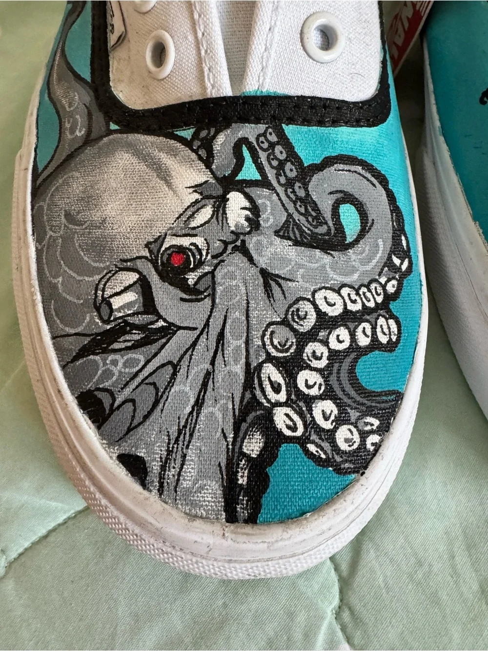 NEW Custom Painted Vans White Slip-On Sneakers with Teal Octopus Design size 13